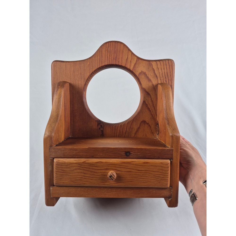 Vintage 1987 Wood Wall Vanity Mirror Shelf Drawer Primitive Country Handmade